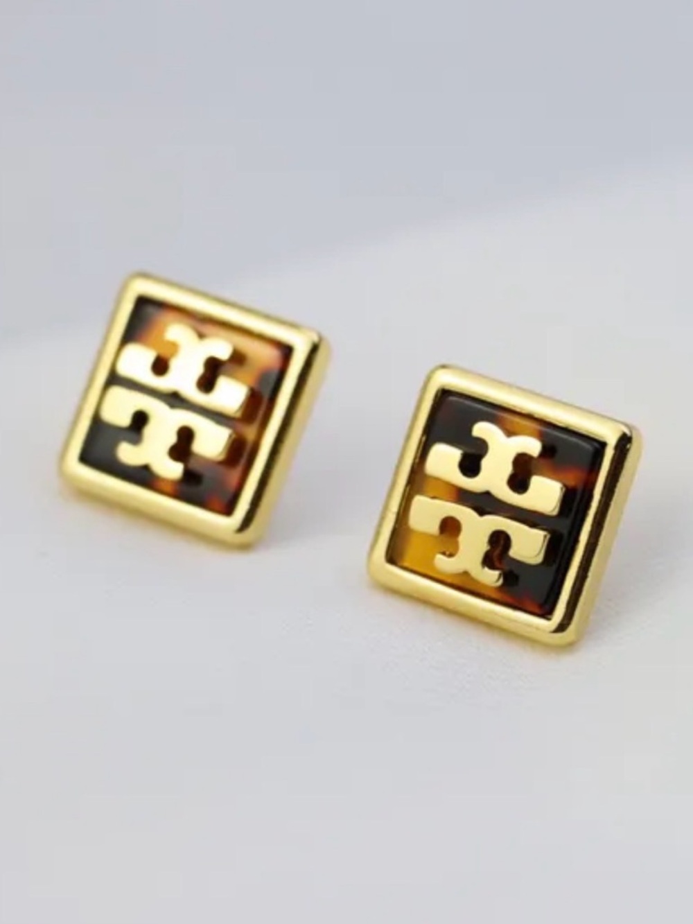 Tory Burch Authentic Gold Logo Square Studs with Tortoiseshell Inset NEW